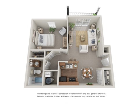 Floor plan for 1 bed, 1 bath, 678 sqft